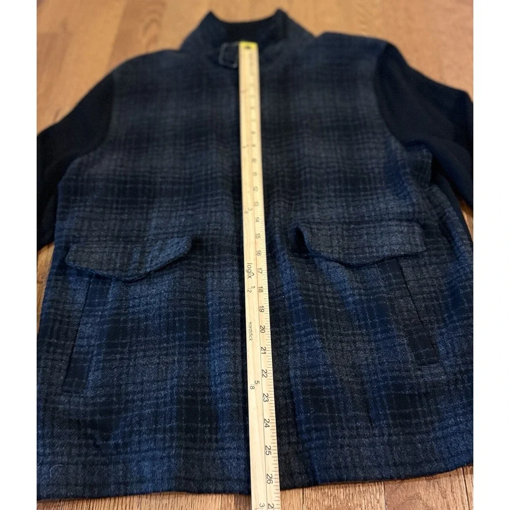 Banana Republic Wool Shadow Plaid Full Zip Buckle Neck Sweater Jacket Mens M